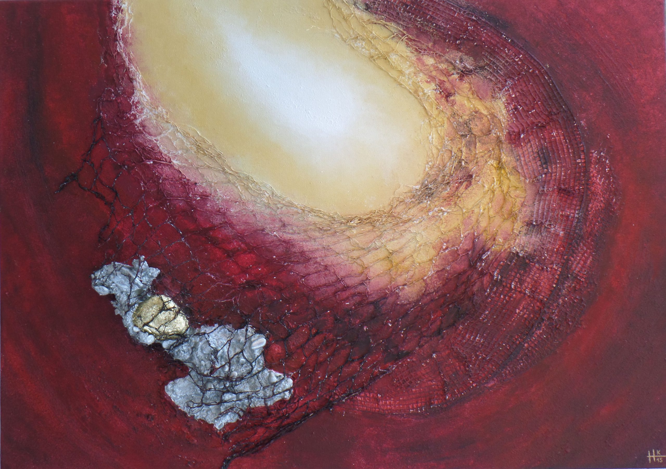 Moderne Acryl Malerei mit strukturierter Oberfläche in Gold, Silber und Rottönen