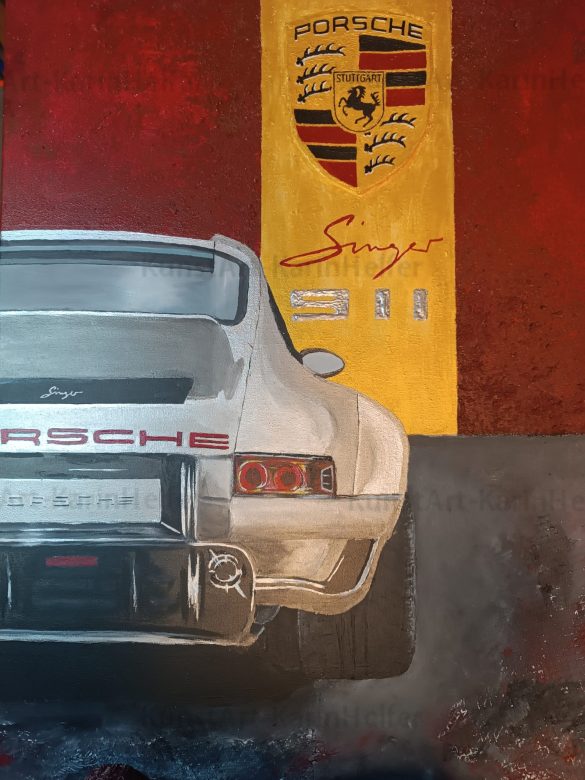 Acrylmalerei Autos - Porsche 911 Ansicht von hinten und Porschelogo und 911 in Acryl gemalt.