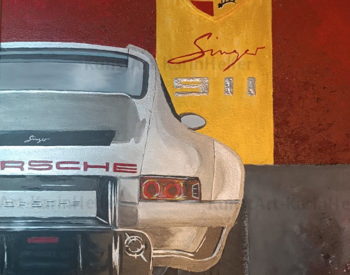 Acrylmalerei Autos - Porsche 911 Ansicht von hinten und Porschelogo und 911 in Acryl gemalt.
